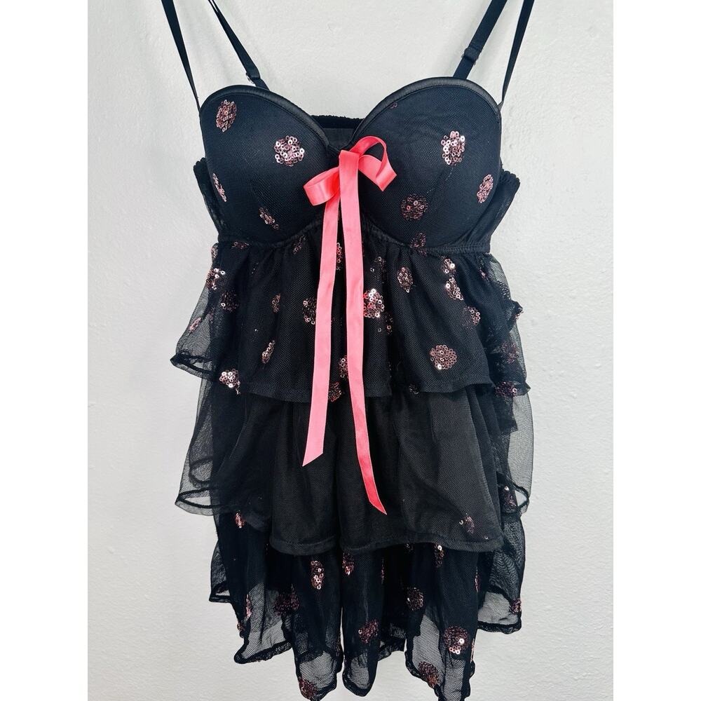 Victoria’s Secret Sexy Little Things 34B Black Pink Sequin Y2K Whimsygoth Festiv